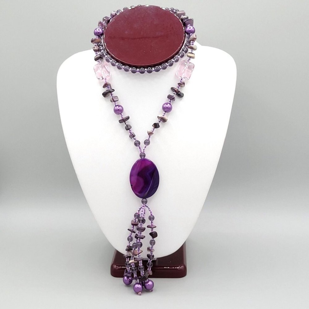 Womens Purple Dyed Agate Gemstone Mixed Shapes Y Drop Beaded Necklace 26 in